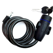 Heavy duty motorcycle chain lock with 84cm steel chain, black lock housing with blue accent and 2 keys.