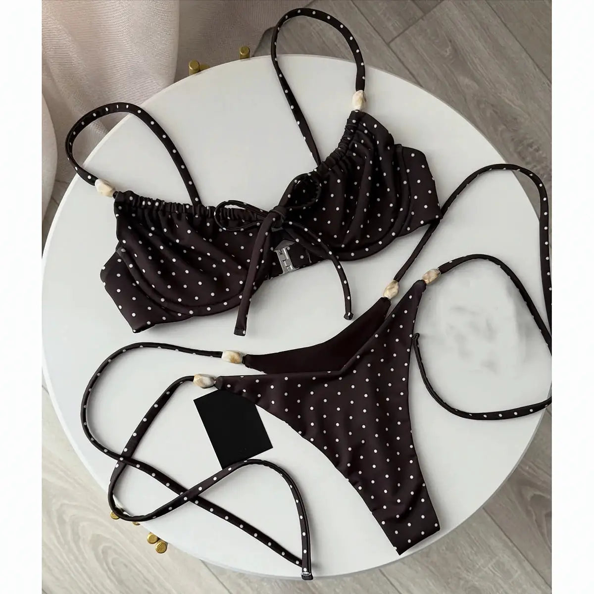 Simples Market Push Up bikini set, black with white polka dots and bead-embellished straps, two-piece swimsuit