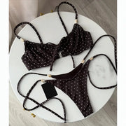 Simples Market Push Up bikini set, black with white polka dots and bead-embellished straps, two-piece swimsuit