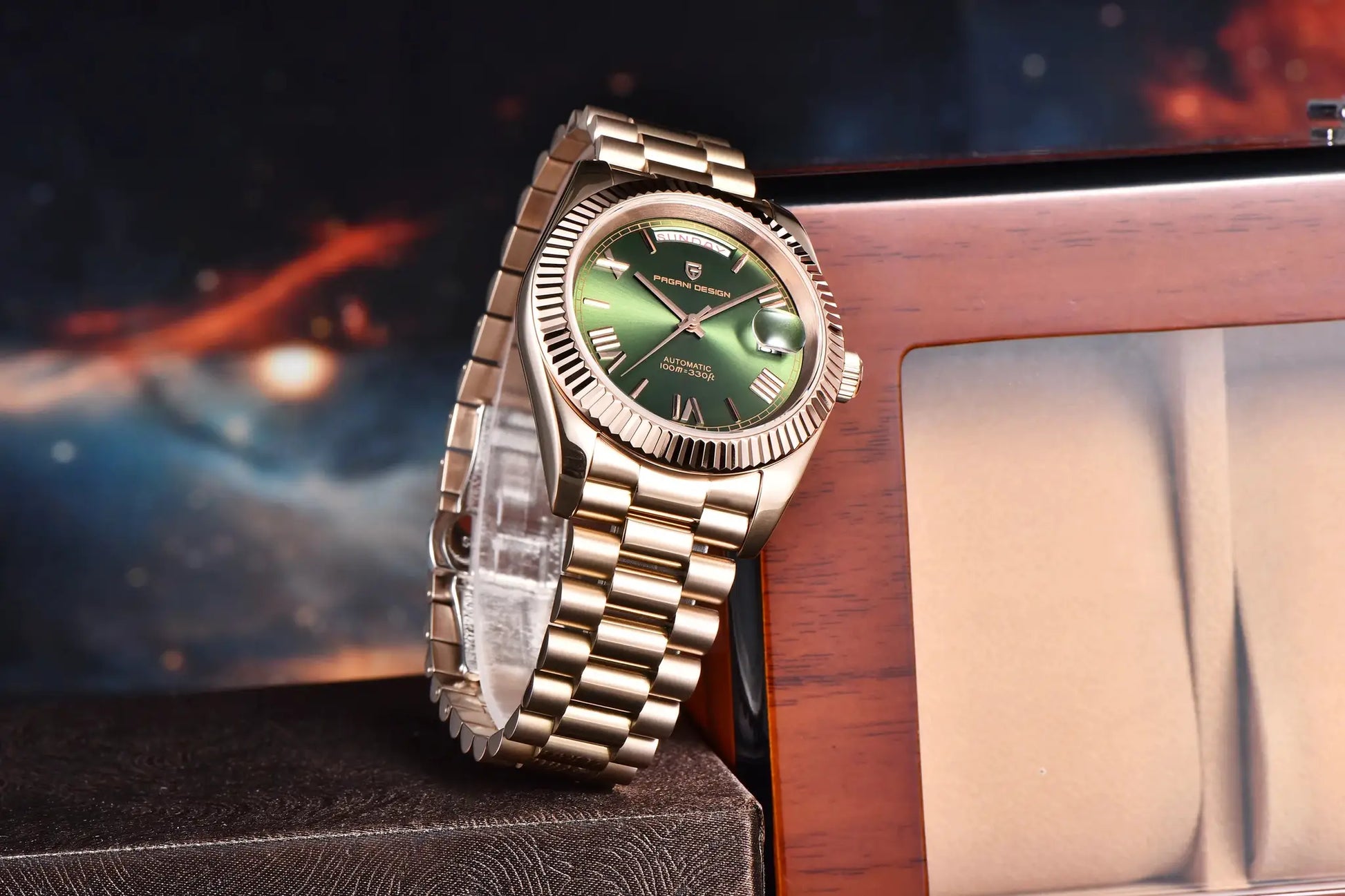 Pagani Design men's watch, rose-gold stainless steel with green dial