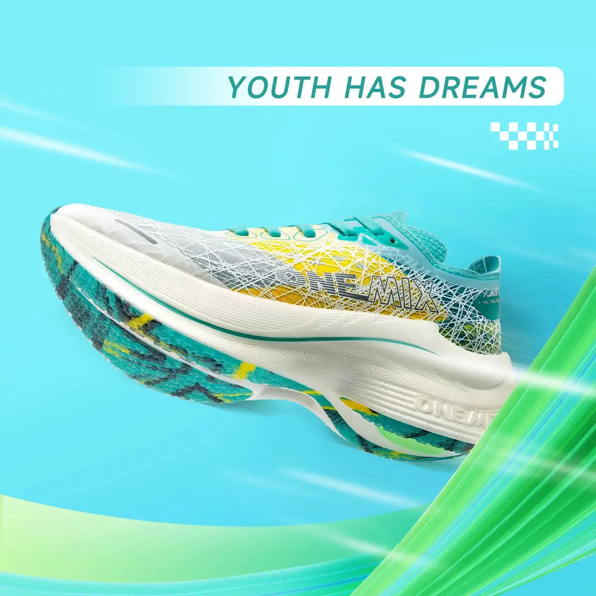 ONEMIX Marathon carbon-plate running shoes by Simples Market; white with teal accents and lattice pattern.