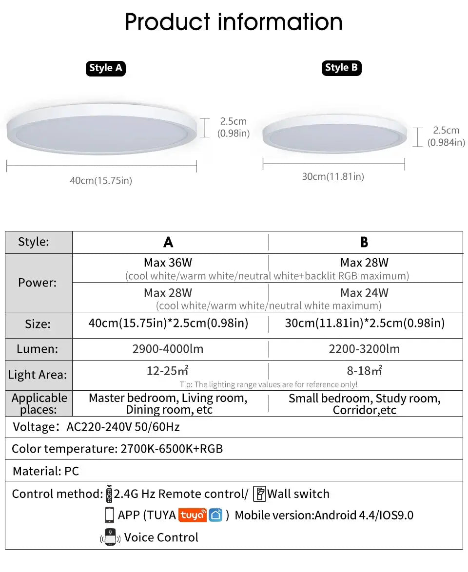 Simples Market TUYA smart ceiling light, white round flush-mount RGB dimmable, Style A 40cm; Style B 30cm.
