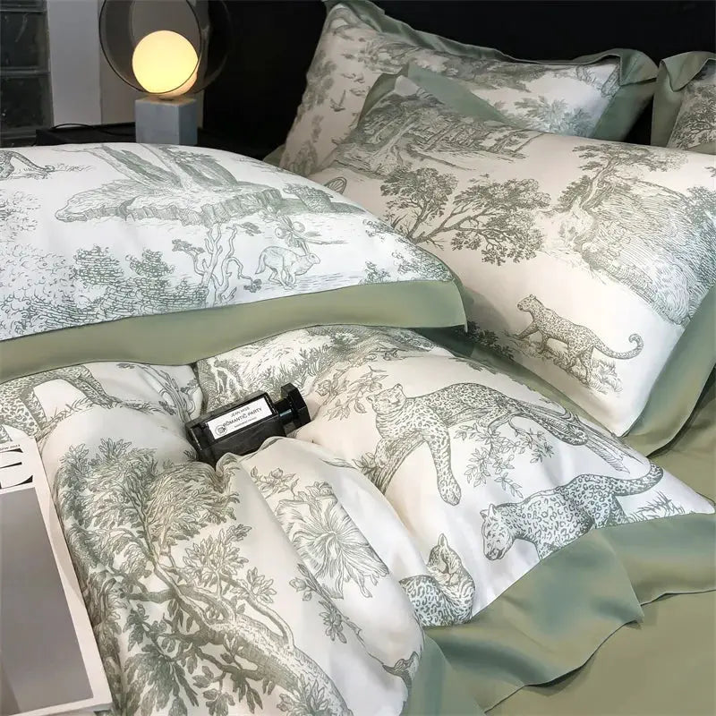 Simples Market eucalyptus Lyocell bedding set with forest print and leopards; duvet cover and pillowcases.