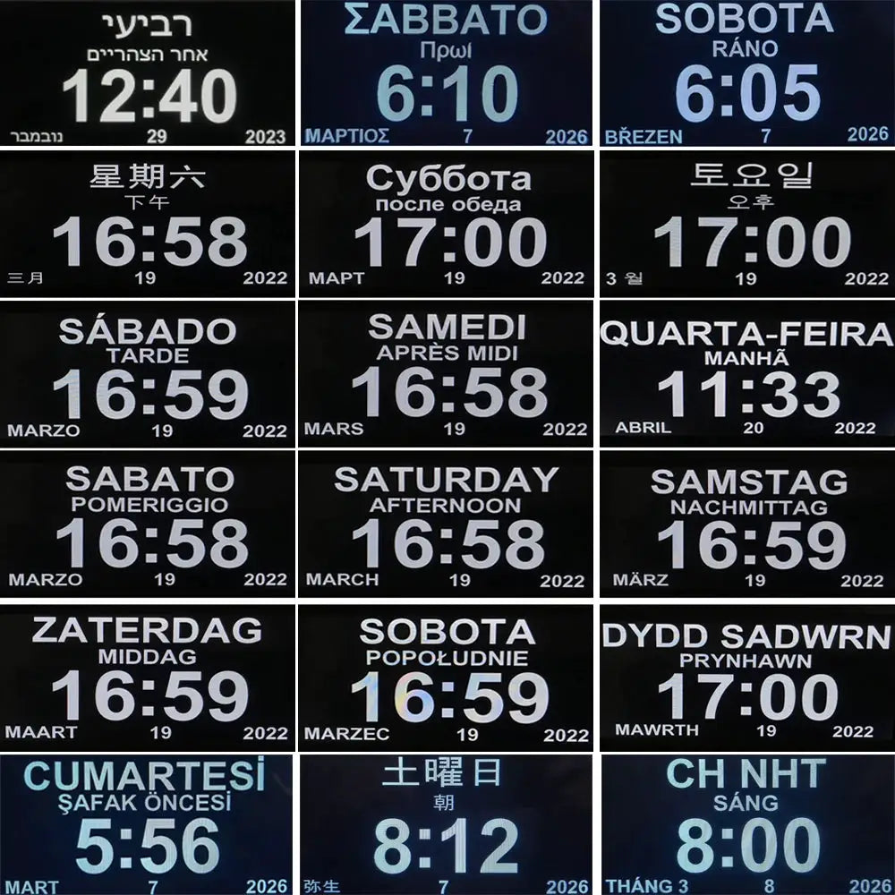 12-alarms LED calendar clock with multilingual display; grid of 15 black clocks showing times and dates.