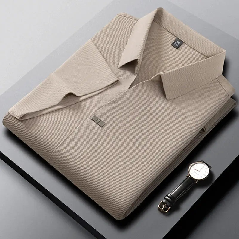 Simples Market men's beige polo shirt, solid color short sleeve, folded presentation