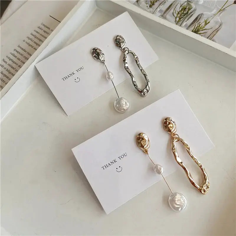 Simples Market irregular pearl drop earrings, silver and gold-tone exaggerated long hoops with pearls, 2 pairs