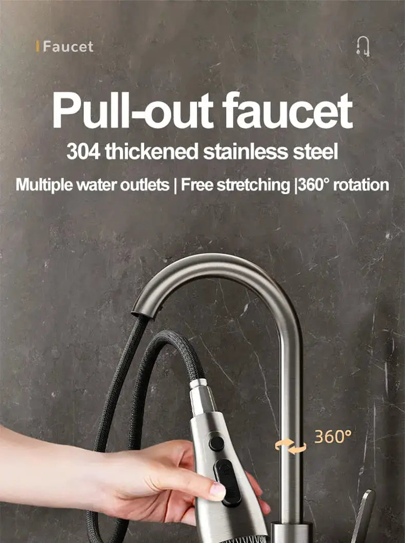 Simples Market stainless steel pull-out kitchen faucet with retractable spray head and 360° rotation