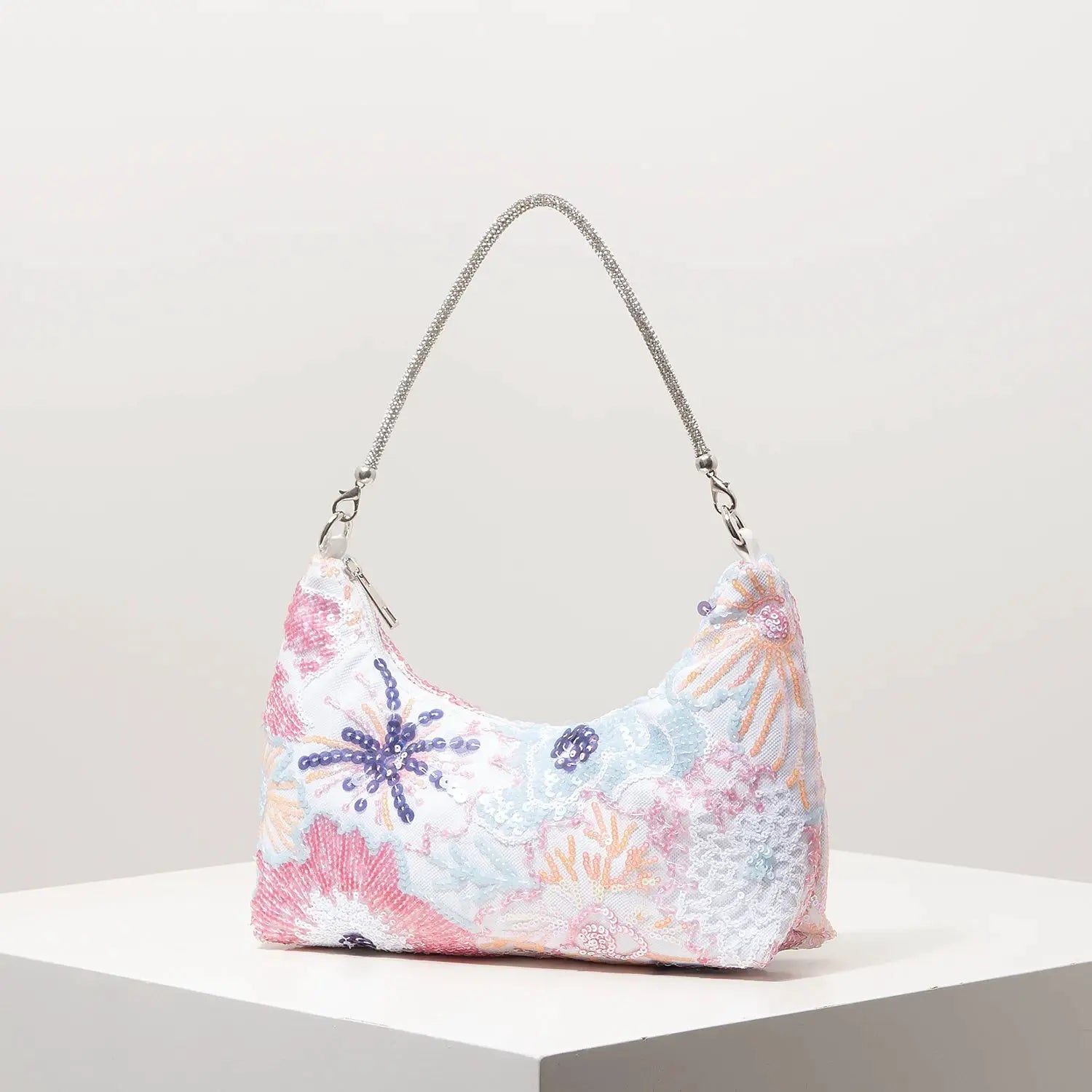 Shoulder bag with pastel floral embroidery and sequins, multicolor pattern, silver chain strap