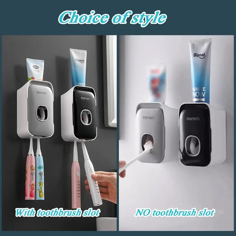 Toothpaste dispenser and toothbrush holder, wall-mounted, two units shown in gray and black finishes, Simples Market.