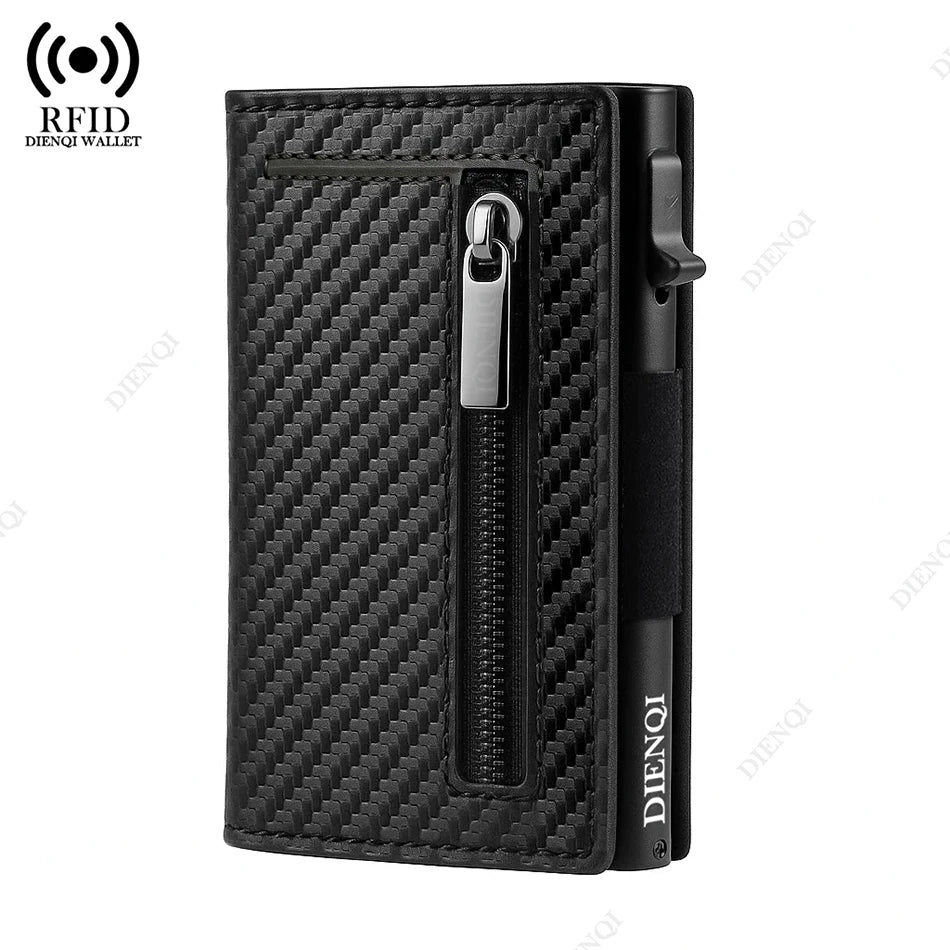 Simples Market RFID-blocking minimalist cardholder wallet in black leather with aluminum frame and zippered pocket