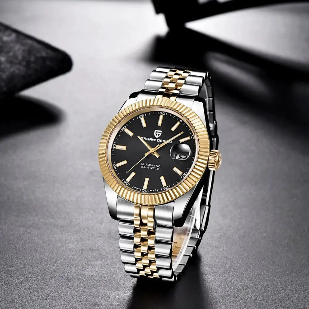 Pagani Design men's automatic watch with two-tone Jubilee bracelet, black dial and date magnifier