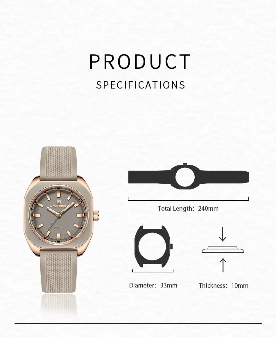 NAVIFORCE women's wristwatch with beige silicone strap, rose-gold case and grey dial