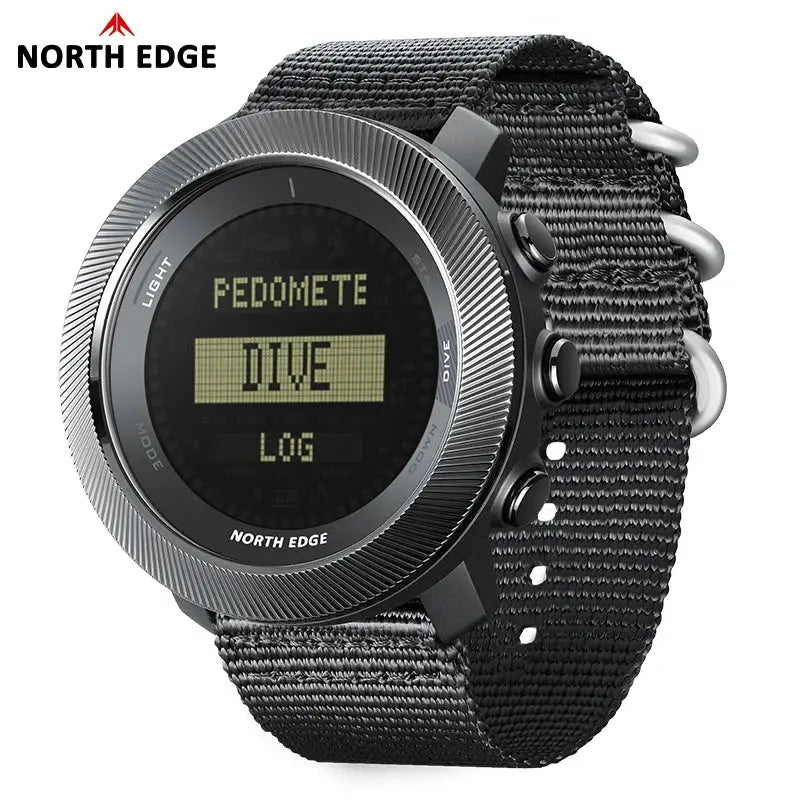 North Edge Apache-D digital dive watch with black nylon strap and metal bezel; waterproof to 100M.