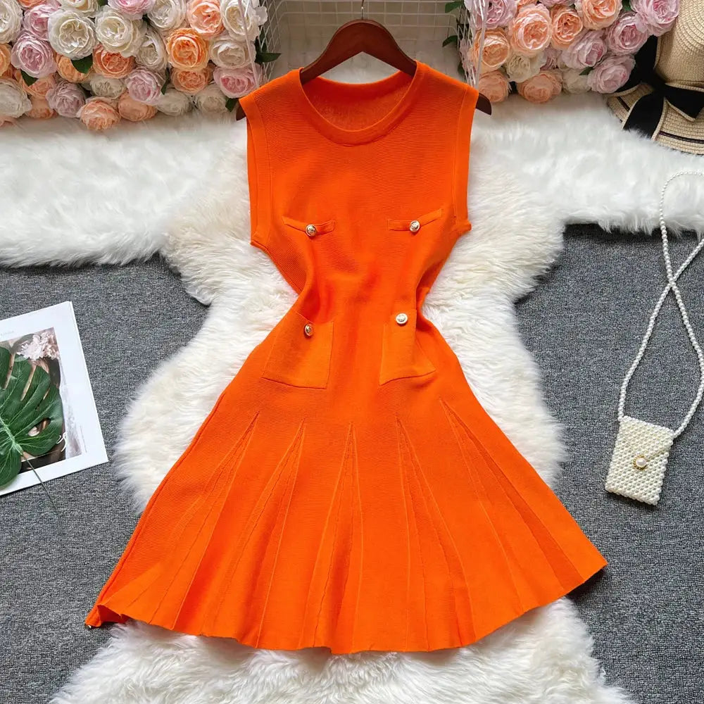 YuooMuoo Chic Pleated Short Dress Women O Neck Slim Waist Party Dress
