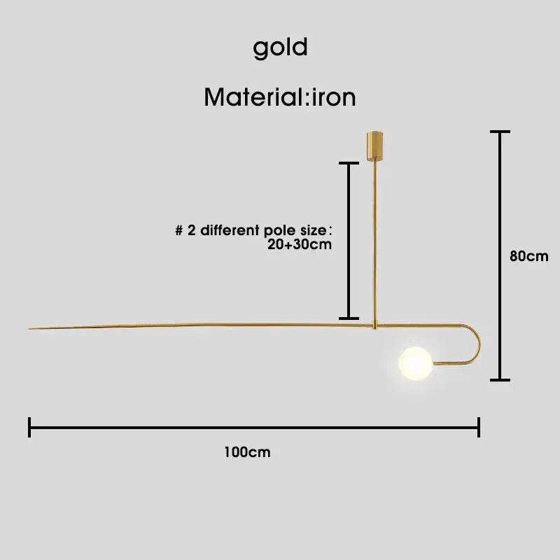 Nordic Minimalist Chandelier in gold iron with curved arm and globe bulb, Simples Market.