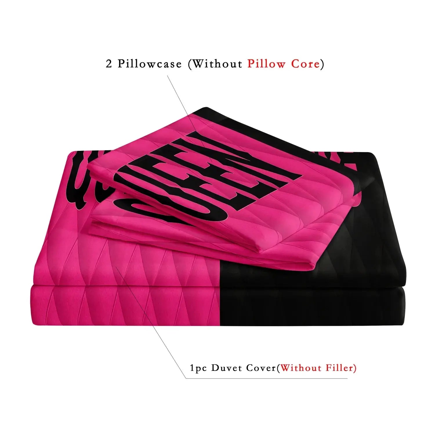 3pc couple's king & queen duvet cover set in pink and black with heart crown design
