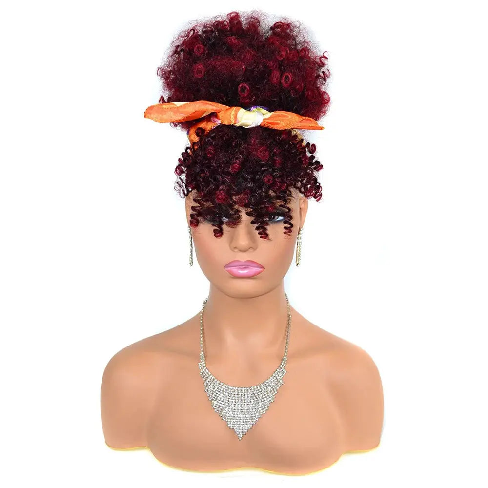 Afro Puff Updo Drawstring Ponytail with Bangs, burgundy-black kinky-curly synthetic hairpiece