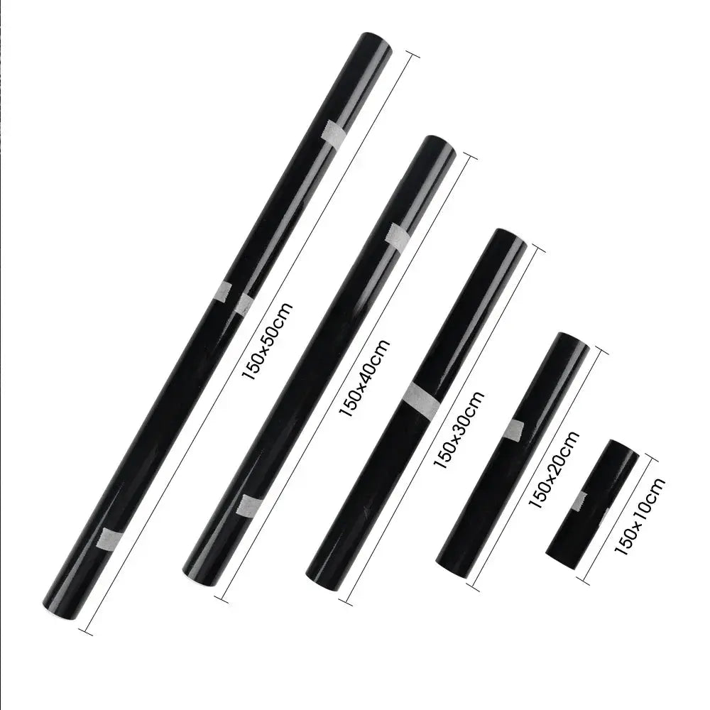 Six gloss-black car vinyl wrap rolls, self-adhesive, in sizes 150x50cm to 150x10cm