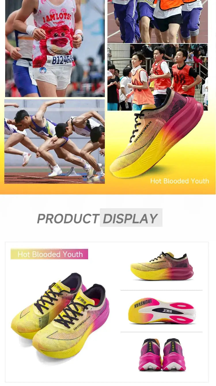 IRUNSVAN Nylon carbon-plate running shoes by Simples Market; yellow-pink gradient, lightweight cushioning