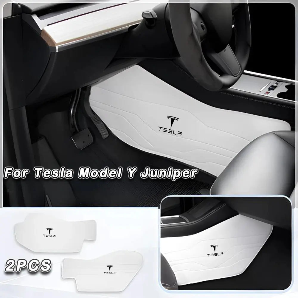 Tesla Model Y white leather cockpit floor mats set, 2-piece, with Tesla logo