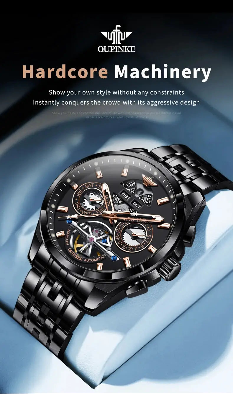 OUPINKE 3251 men's automatic skeleton watch with black stainless-steel bracelet and rose-gold accents