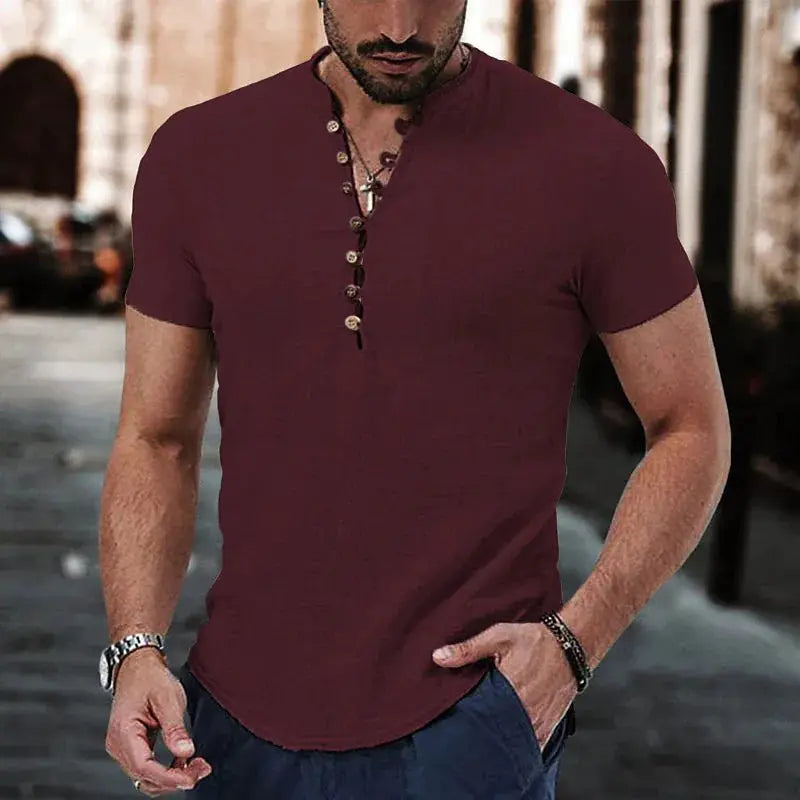 Men's burgundy short-sleeve Henley T-shirt with button placket, cotton-linen blend.