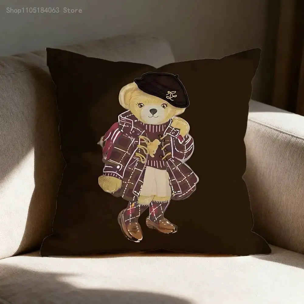 Fashion bear throw pillow cover by Simples Market featuring a brown bear in a plaid coat and beret.