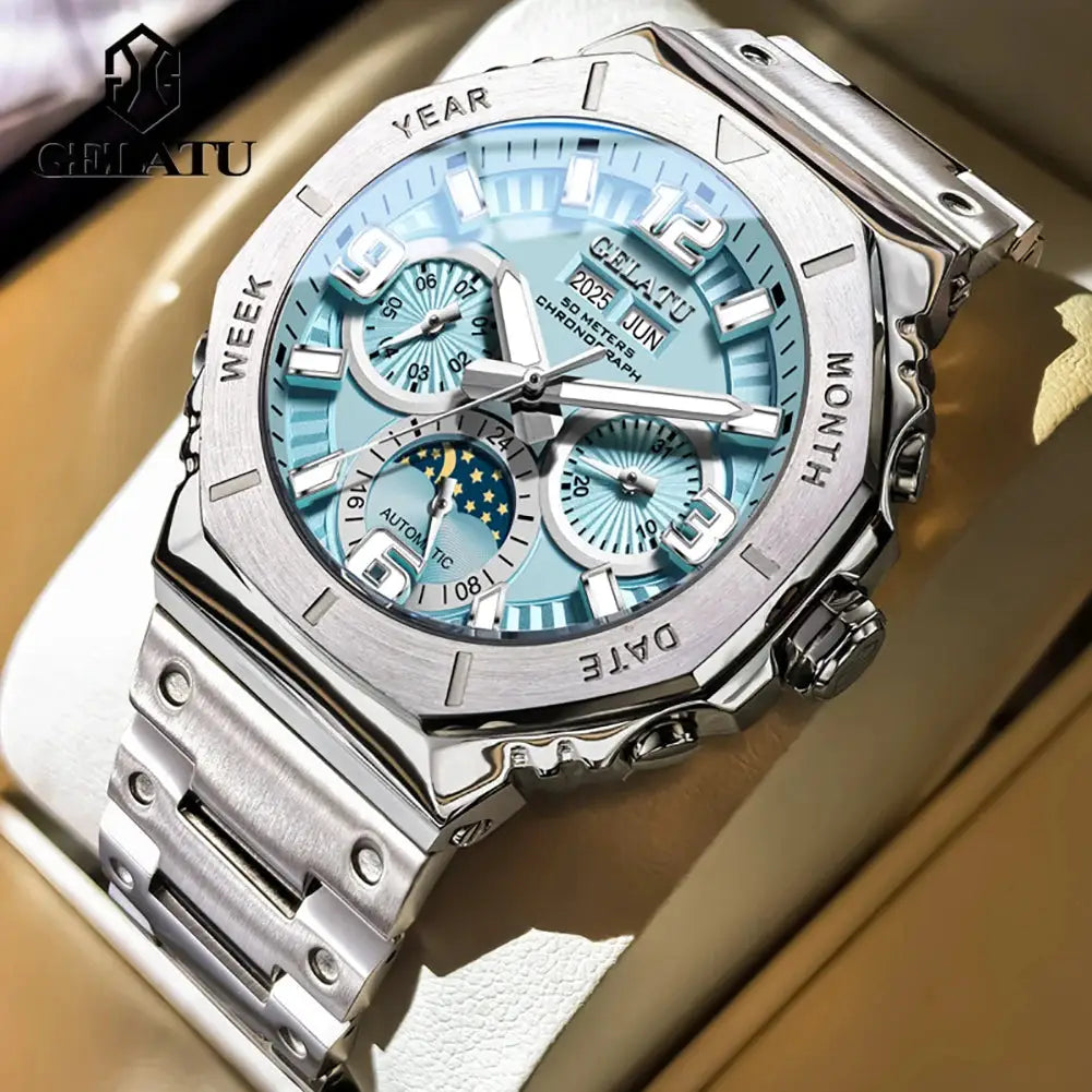 GELATU men's diving automatic watch by Simples Market, blue dial with moon phase and perpetual calendar, 50M waterproof