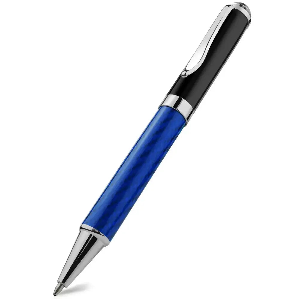 Simples Market Carbon Fiber Signature Pen with blue marbled barrel and chrome accents