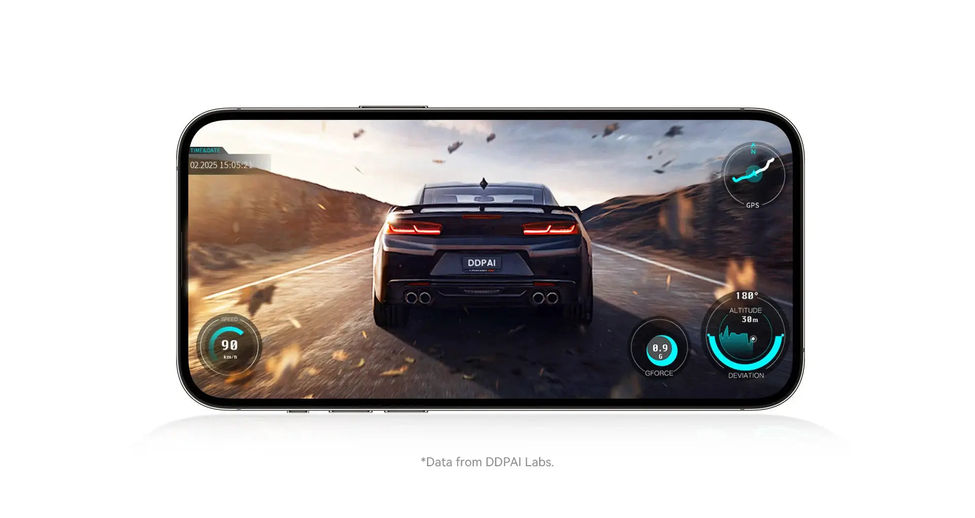 DDPAI Z60 Pro 4K dash cam on a black smartphone-style display with front GPS UI
