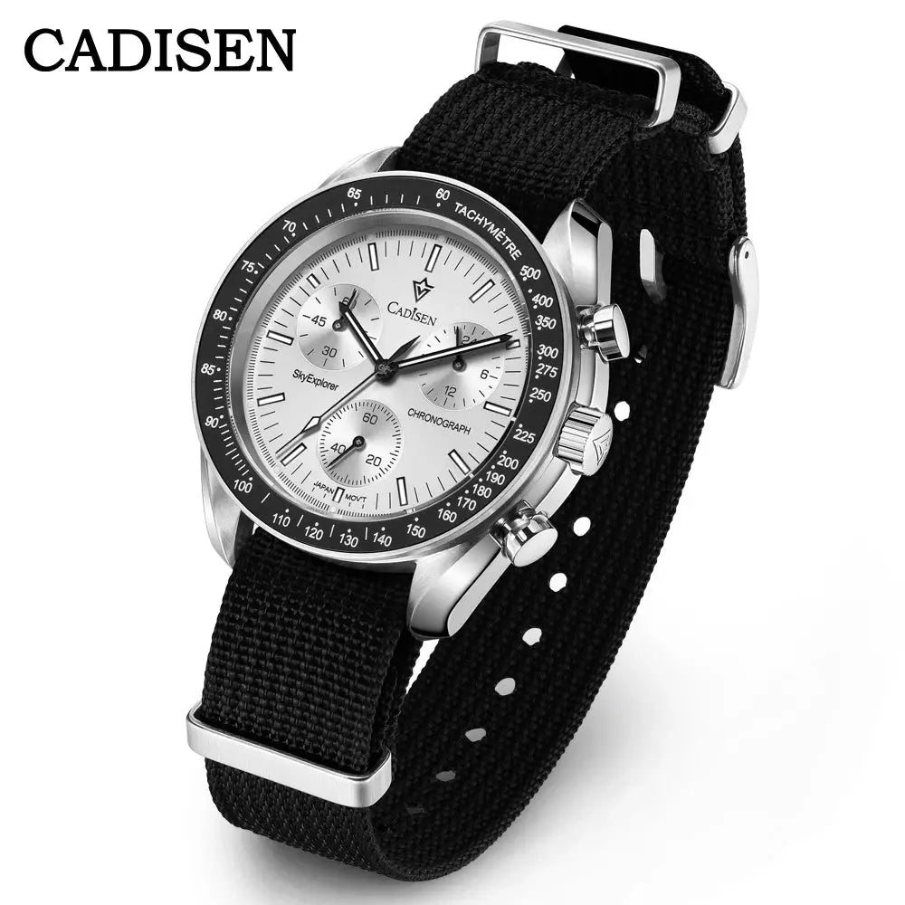 CADISEN men's chronograph watch with black canvas strap and silver case
