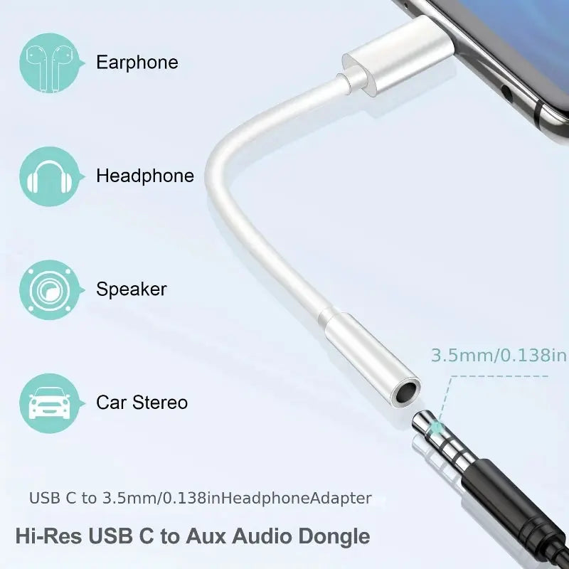 USB-C to 3.5mm aux audio dongle, white, hi-res headphone adapter
