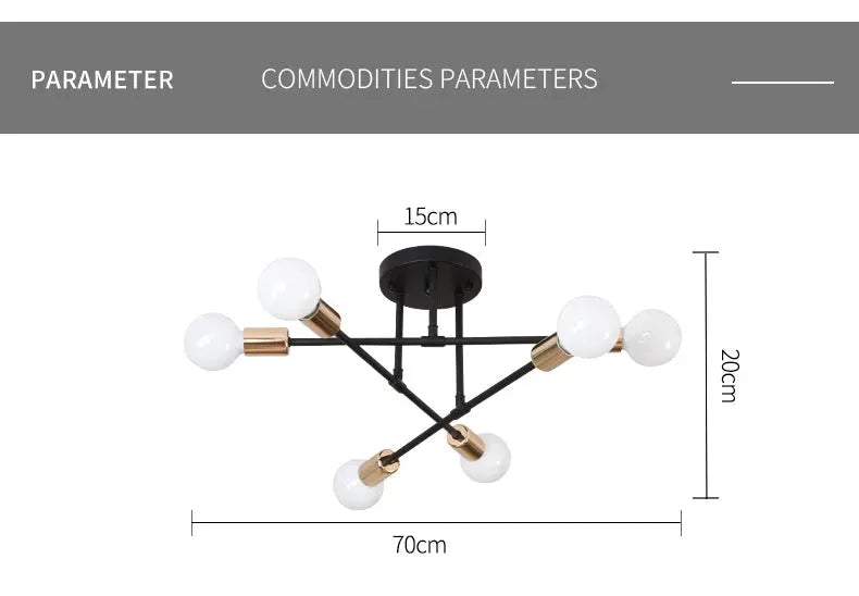 6-head retro industrial wrought-iron LED ceiling lamp with black frame and brass accents, 70 cm span for living room