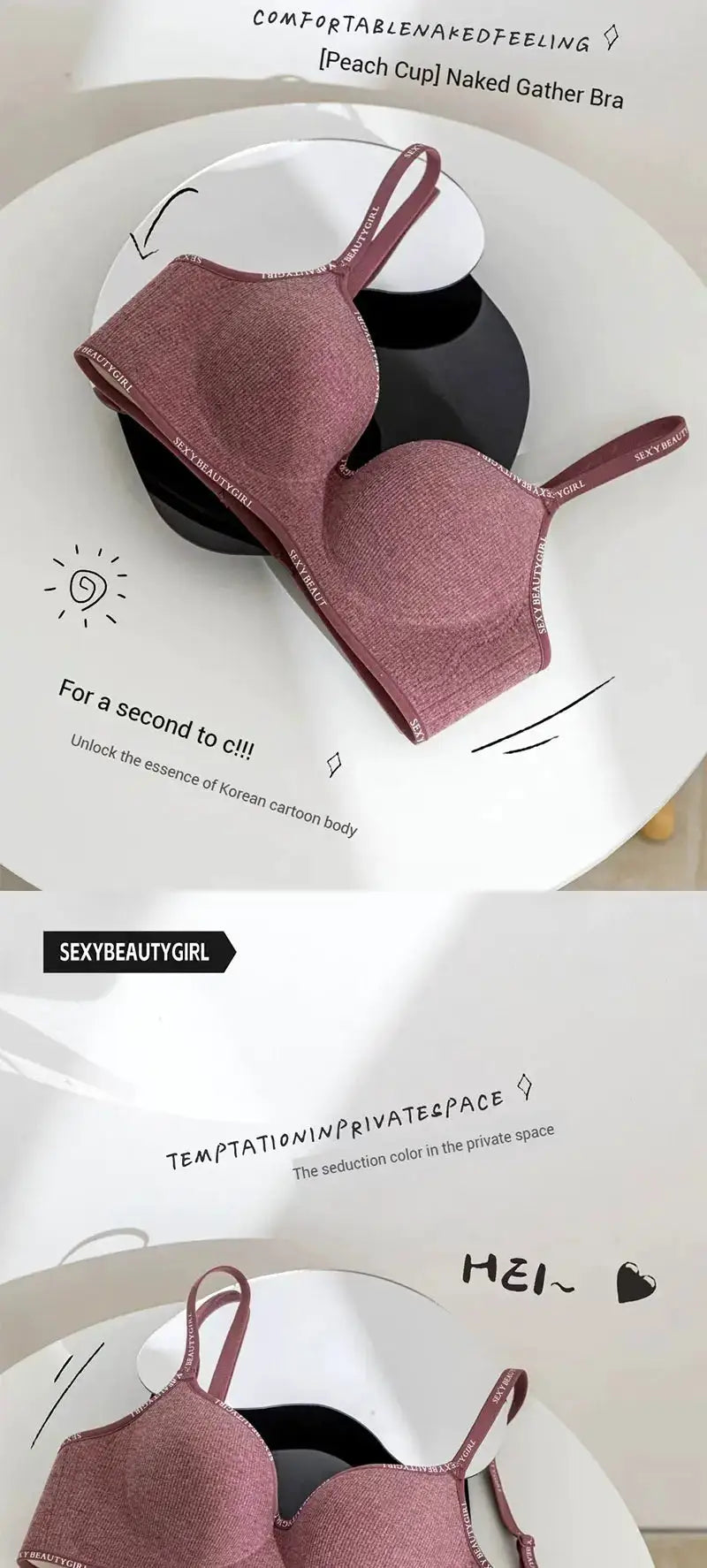 FINETOO pink seamless push-up bra for women with thick straps; Simples Market, SexyBeautyGirl branding