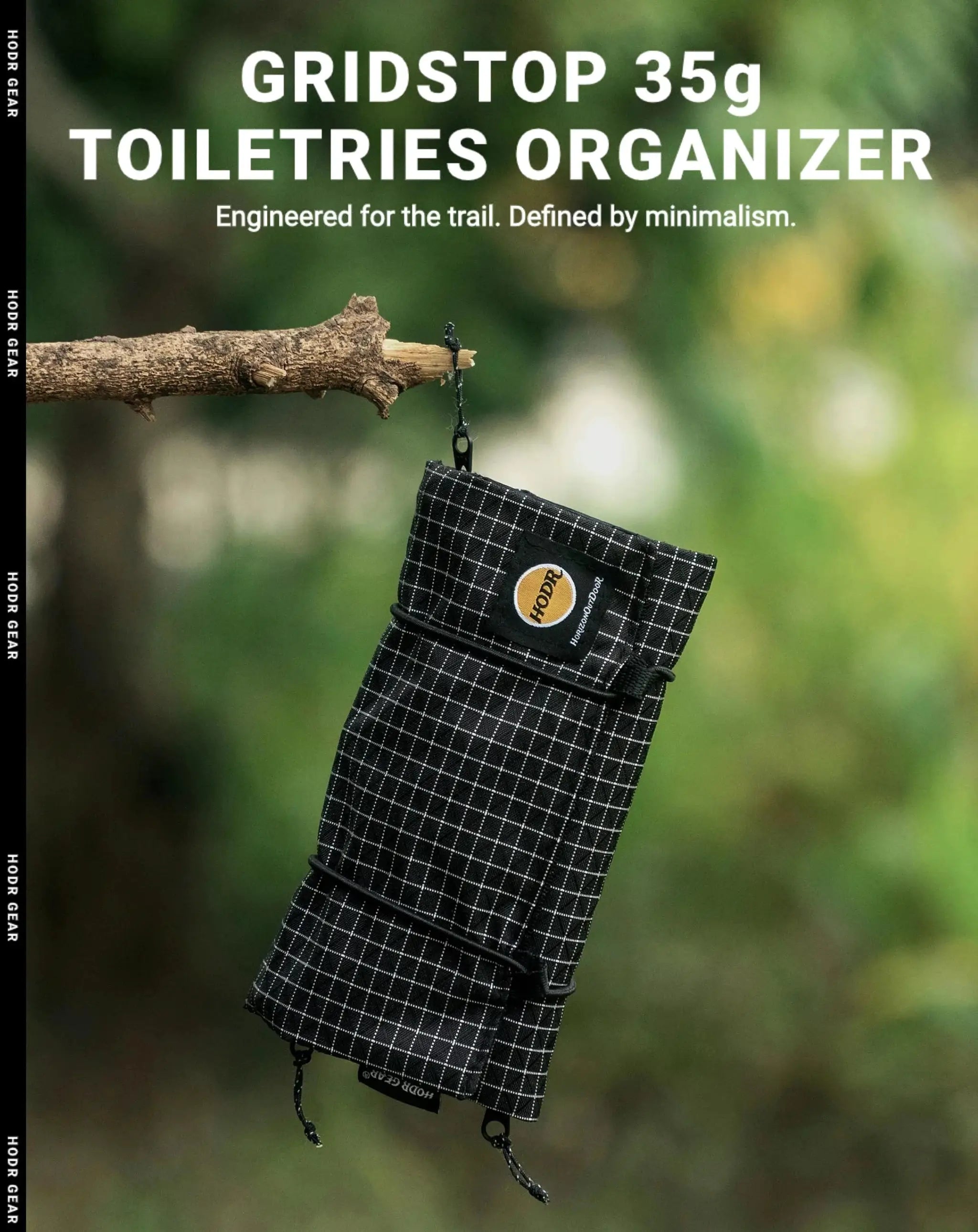 HODRGEAR toiletries organizer, ultralight black gridstop fabric with logo patch and hanging strap