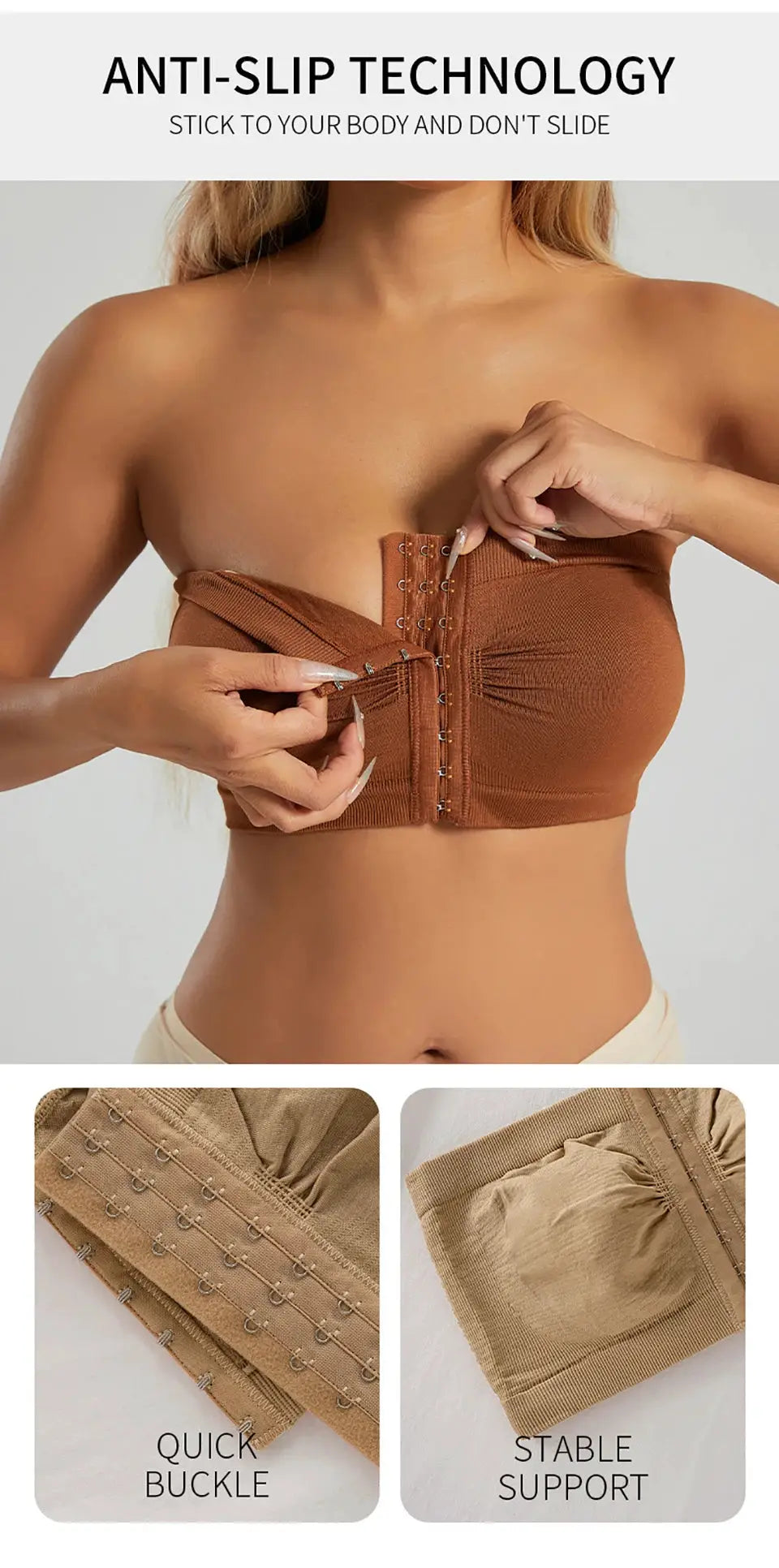 Simples Market women's plus-size strapless bandeau bra, front-closure, seamless wireless, anti-slip, brown