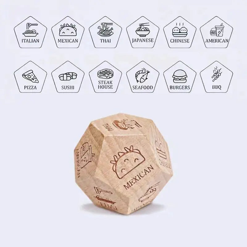 Simples Market wooden 20-sided food decision die for couples; natural wood with cuisine icons.