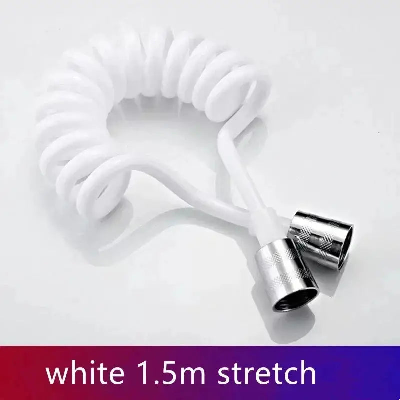 Handheld bidet sprayer hose, white coiled flexible shower line with metal fittings, 1.5m length