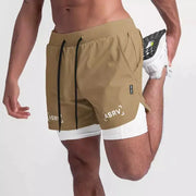 ASRV men's quick-dry 2-in-1 double-deck shorts in khaki with black drawstrings and white inner shorts