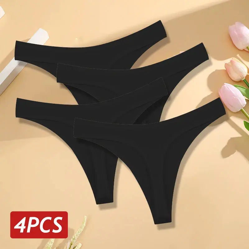 Women's 4-piece black cotton seamless low-rise thong underwear set with V-waist, breathable