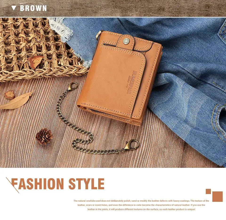 Brown real-leather men's wallet with RFID blocking, compact bifold with zipper coin pocket and anti-theft chain.