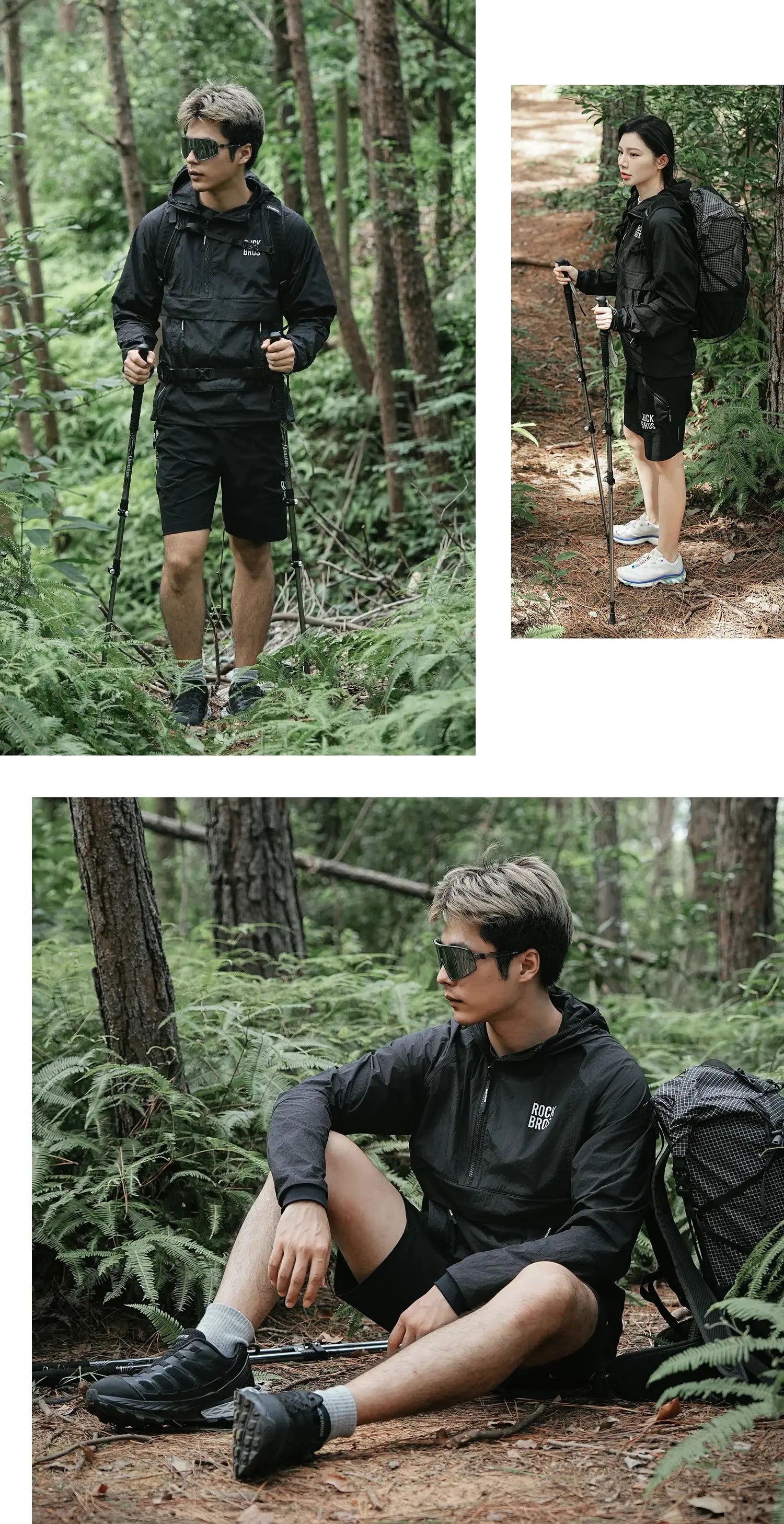 RockBros cycling waterproof jacket worn by two hikers; black windbreaker with detachable pockets, breathable outdoor wear