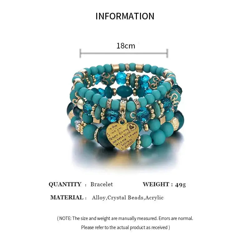 4 Piece Boho Strand Bracelet Set For Women With Crystal Beads Heart Charms And Letter Accents
