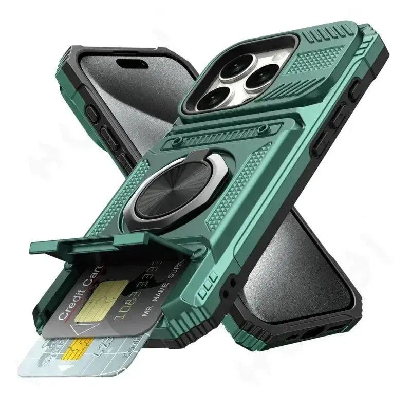 ShieldTech Pro Wallet Case For iPhone 7 To 16 Pro Max Magnetic Ring Kickstand And Card Slots Heavy Duty Drop Guard