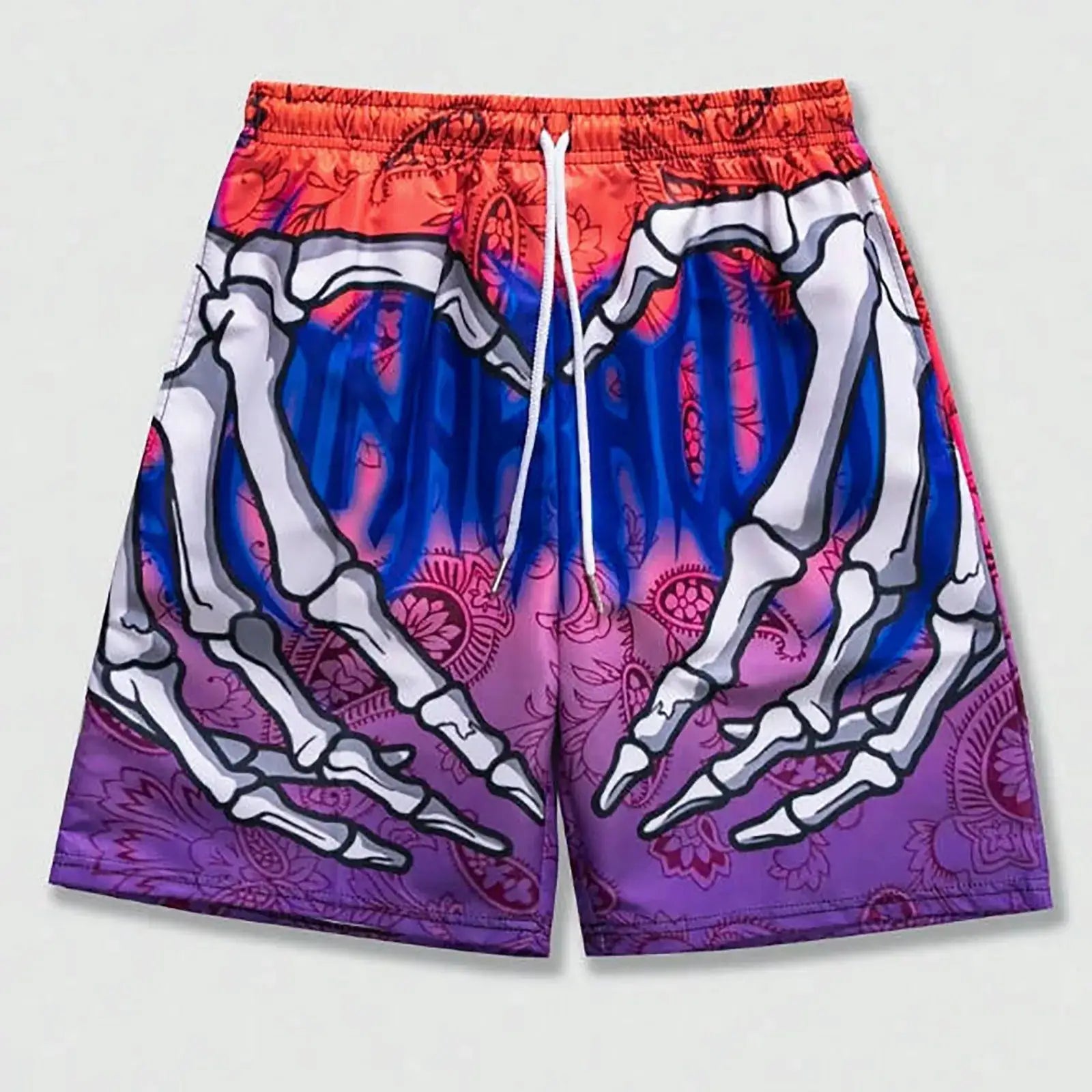 Men's elastic-waist board shorts with pink-to-purple gradient and bold white skeleton hand graphic