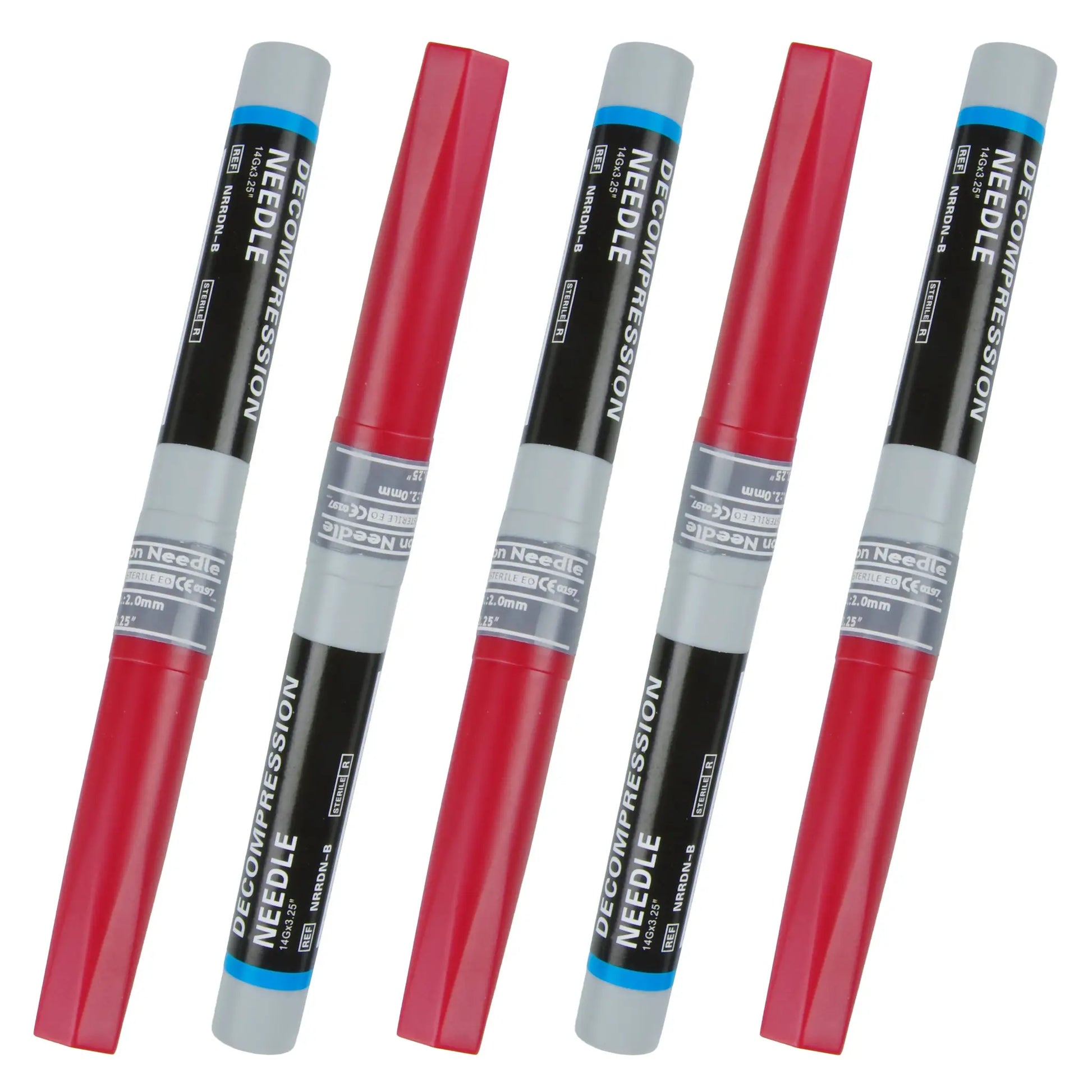 Needle decompression set for pneumothorax, six red and gray devices with blue bands from Simples Market