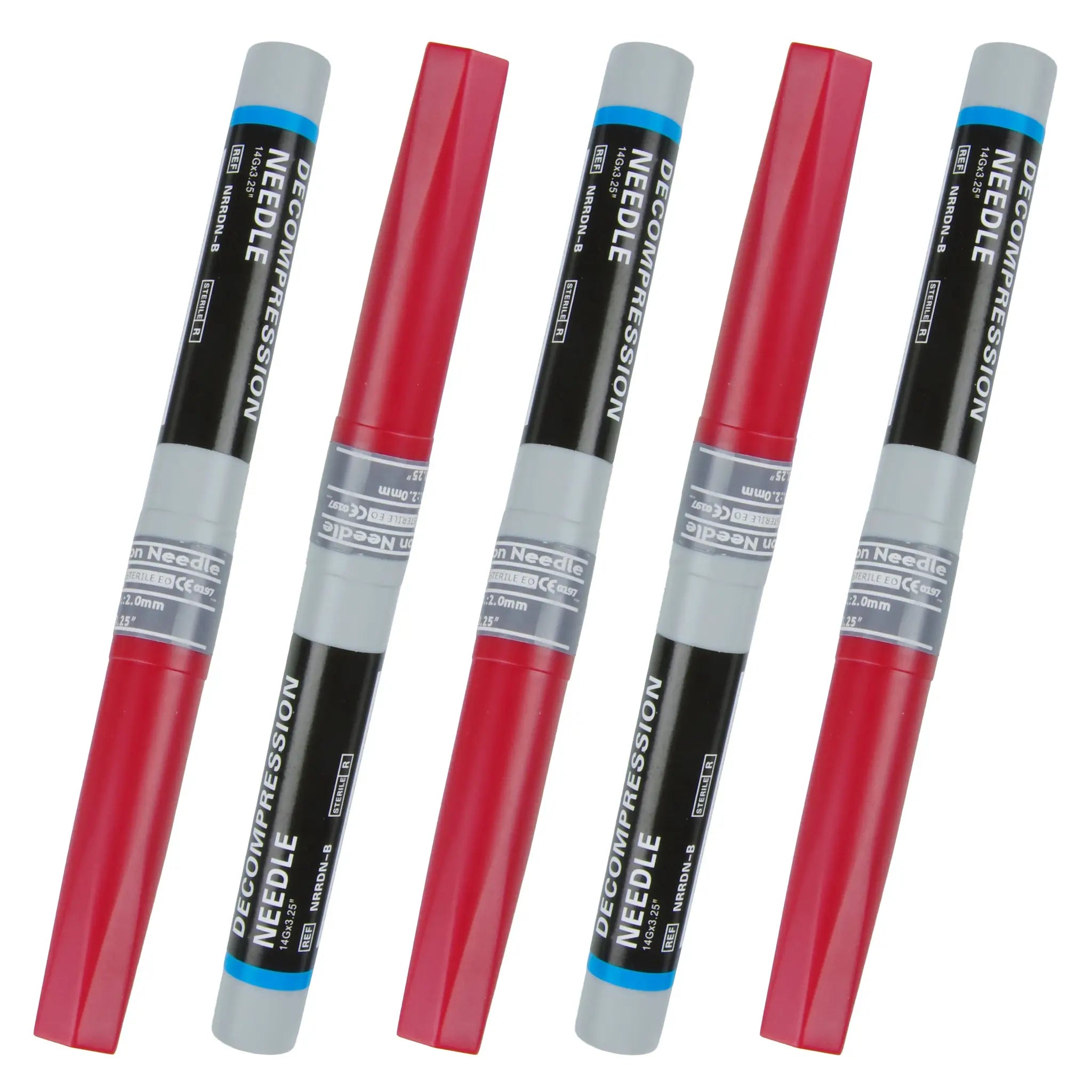 Needle decompression set for pneumothorax, six red and gray devices with blue bands from Simples Market