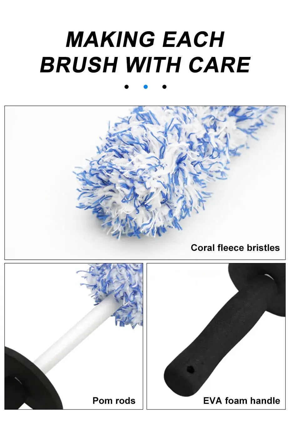 SEAMETAL car wash brush with non-slip EVA foam handle and blue/white coral fleece bristles for rims and spokes