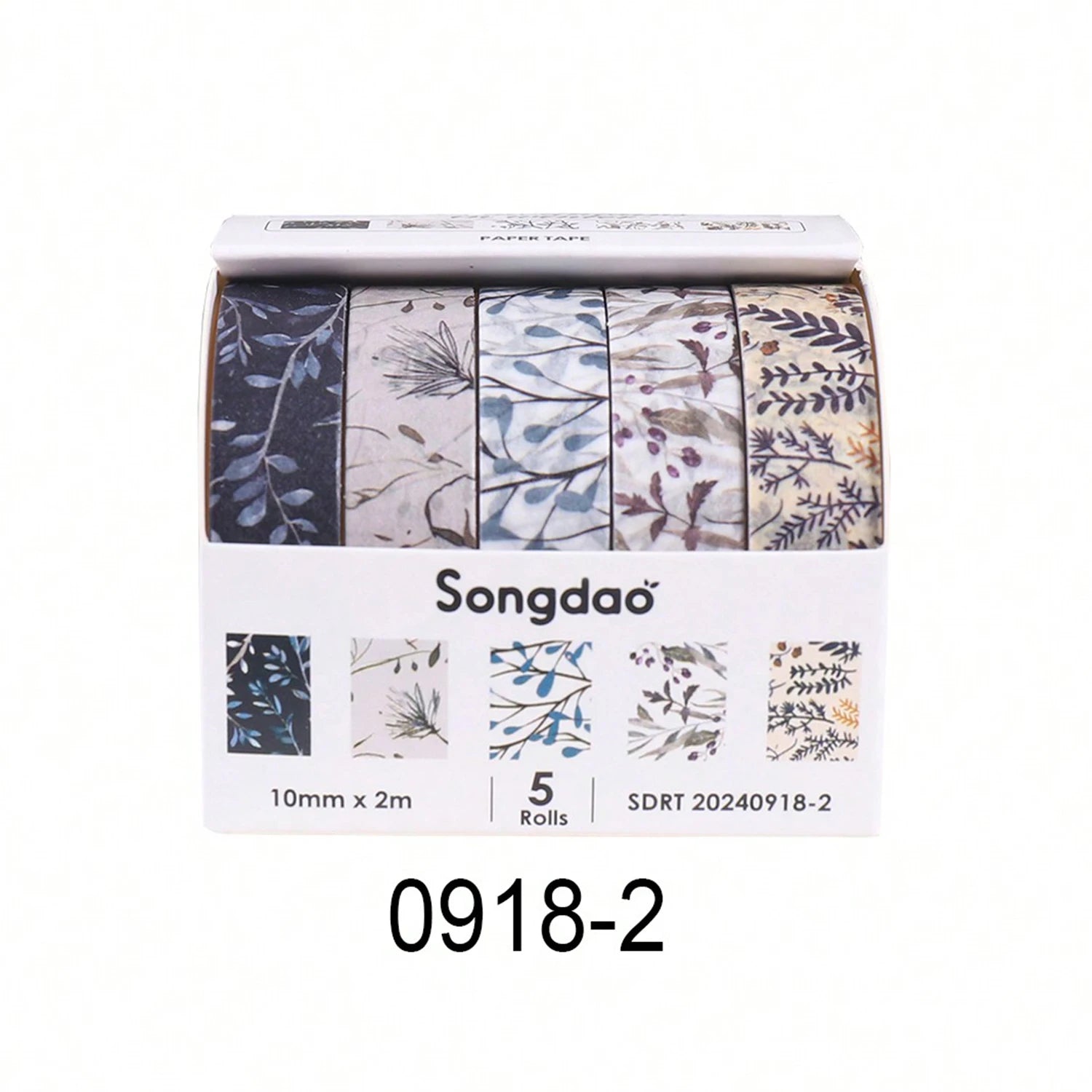 Washi tape set, 5 rolls by Songdao in floral blue and beige patterns, 10mm x 2m each