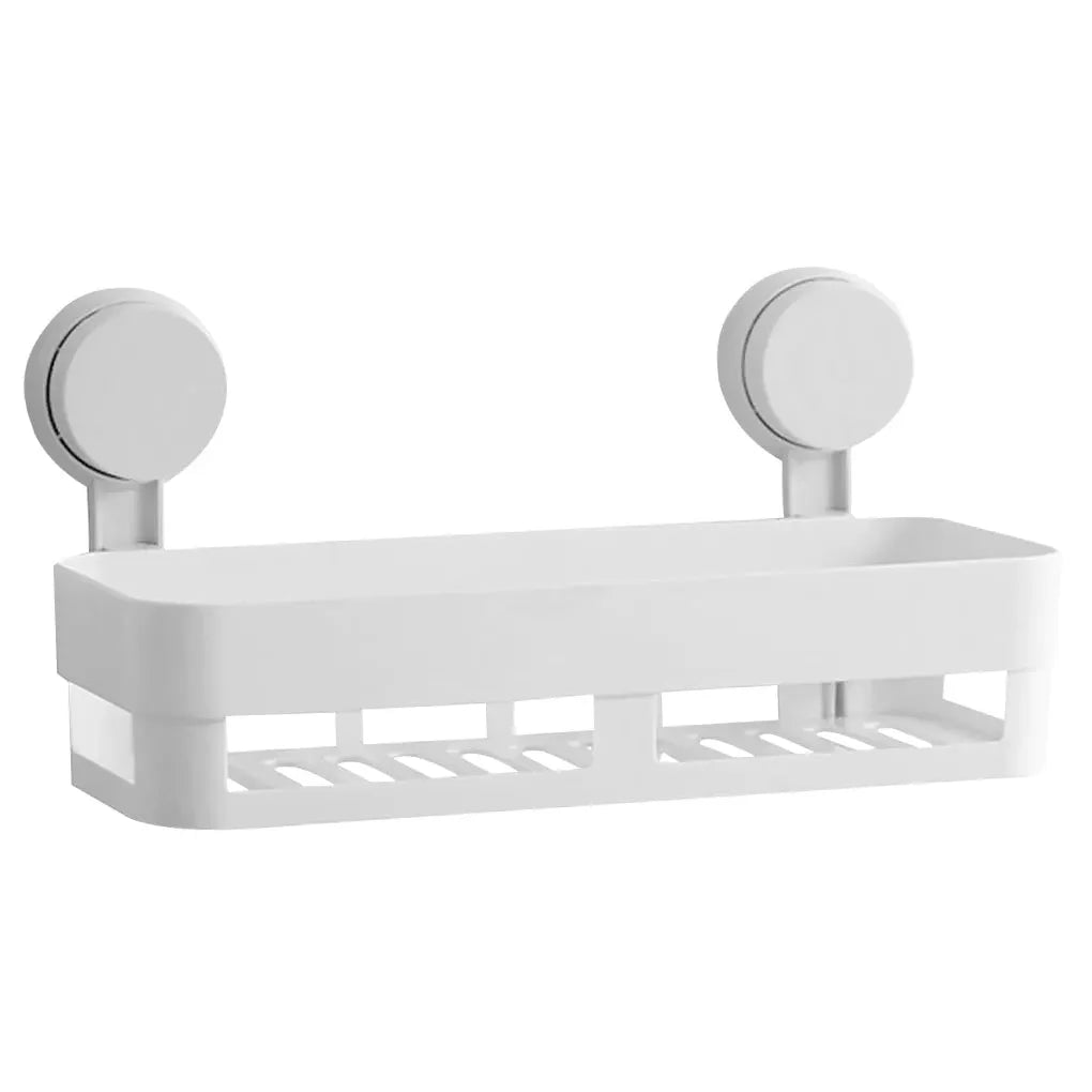 White plastic shower shelf basket with dual suction cups and drainage slots for bathroom